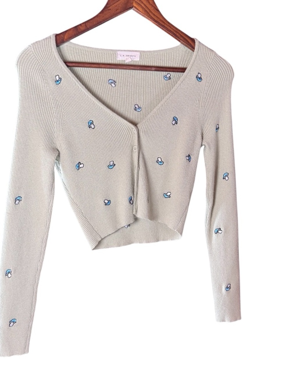 La Hearts Green Ribbed Knit Button Down Cardigan with Blue Embroidered Mushrooms